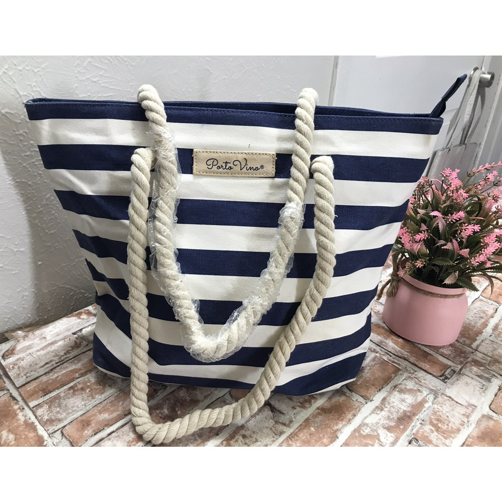 Porto Vino Beach Wine Bag Canvas Blue/White Stripes Holds 2 Bottles Of Wine NWT